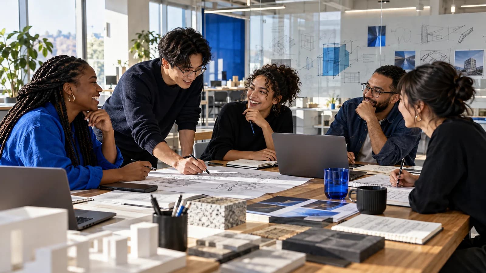 Illustrative AI-generated scene of engineers collaborating in a bright technology studio